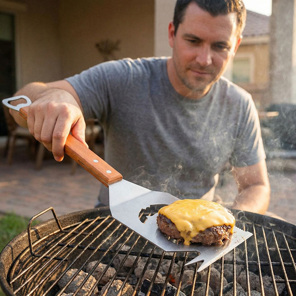 HUACAN Pelle à barbecue d’extérieur en inox avec manche en bois et décapsuleur intégré