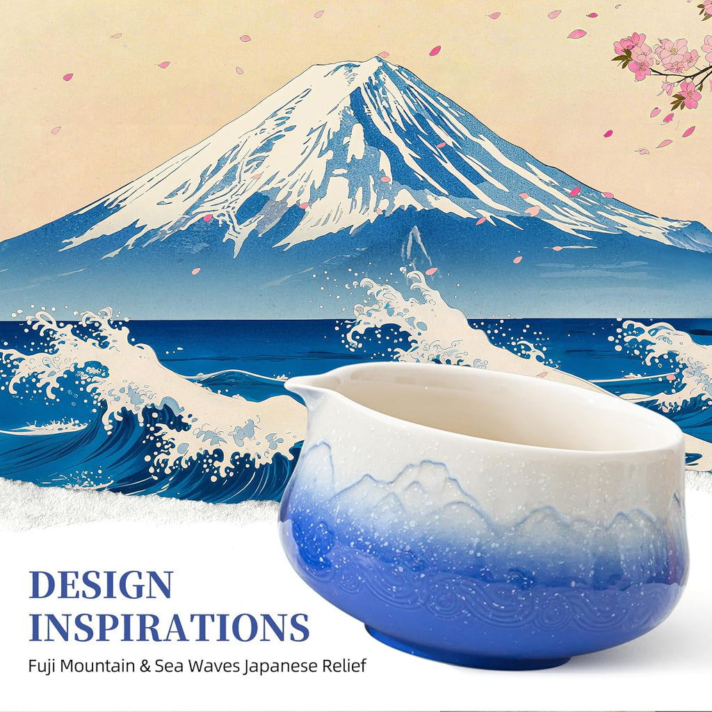 TEANAGOO Set de cérémonie du matcha bleu 7 pièces avec fouet, bol en céramique motif Fuji, cuillère doseuse et tamis pour préparer des boissons au matcha au lait, cadeau pour amateurs de matcha
