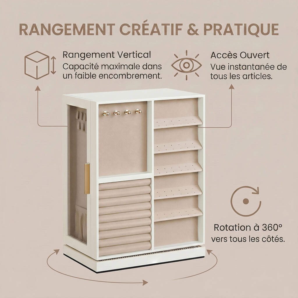 JOYFURNOS Organisateur de bijoux rotatif à 360°, Boîte de rangement verticale avec fenêtre en verre, 7 tiroirs, Idée cadeau, Blanc