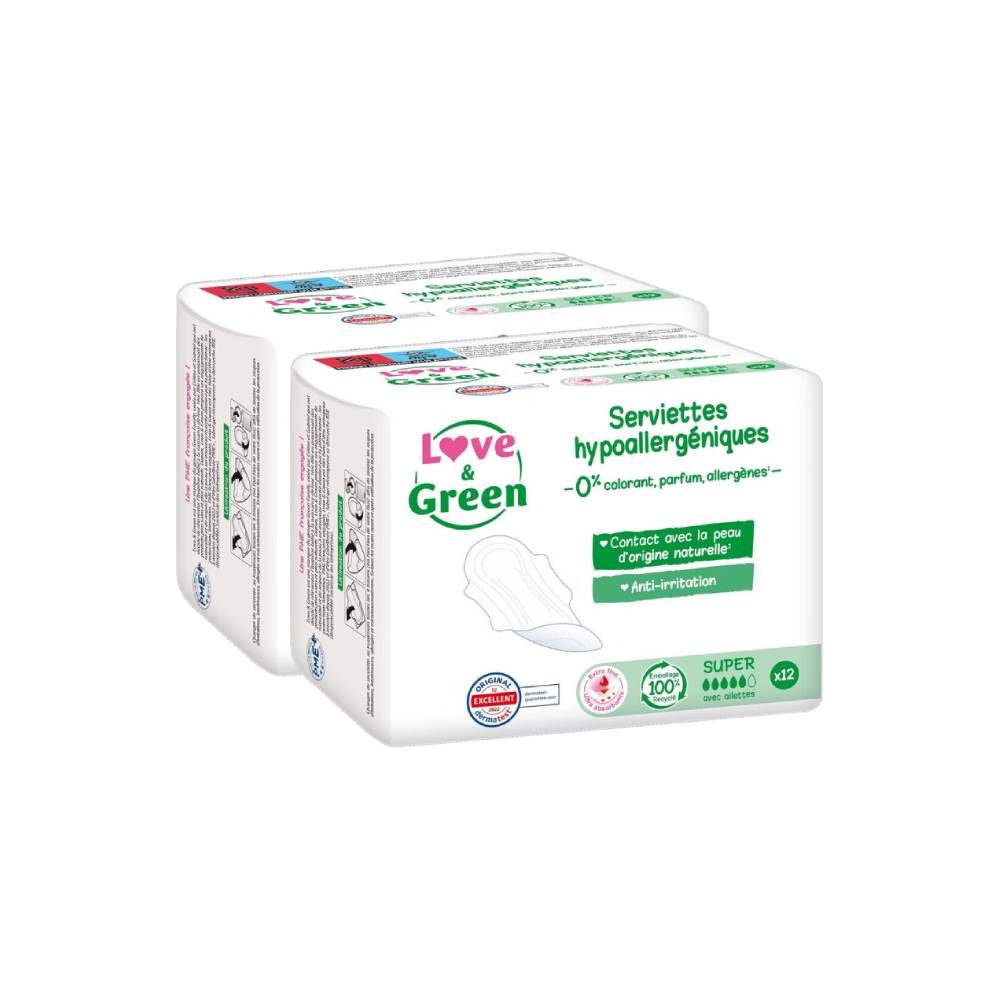 LOVE & GREEN Serviettes Hygiéniques Écologiques Hypoallergéniques Avec Ailettes Super - 24 Serviettes (2 Paquets de 12)