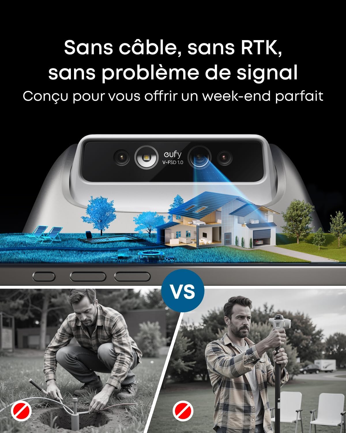 eufy E15 Robot tondeuse sans câble périphérique, sans coupure de signal, sans RTK, technologie TrueVision, navigation intelligente, jardin jusqu'à 800 m², tonte précise