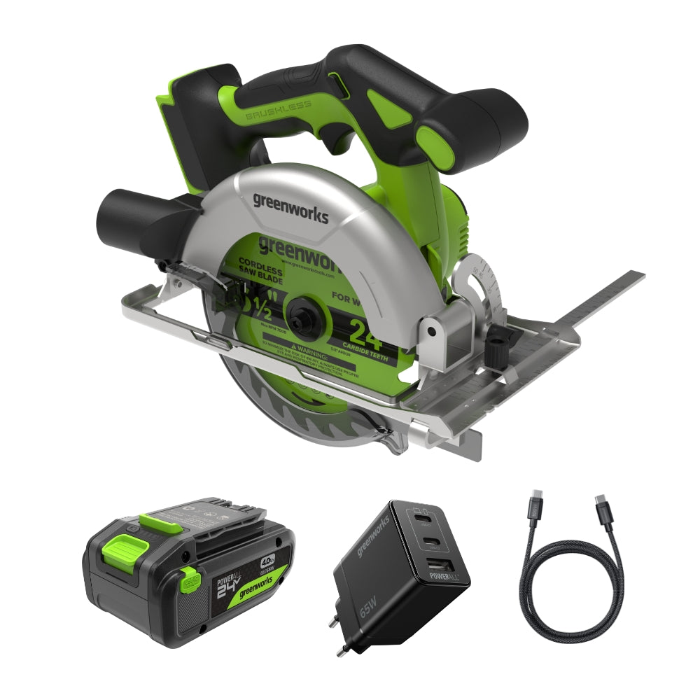 Greenworks 24 V scie circulaire sans fil sans balais, 165 mm, 5 000 tr/min, lame de 20 mm, profondeur de coupe réglable 45°/90°, éclairage LED, sans batterie et chargeur