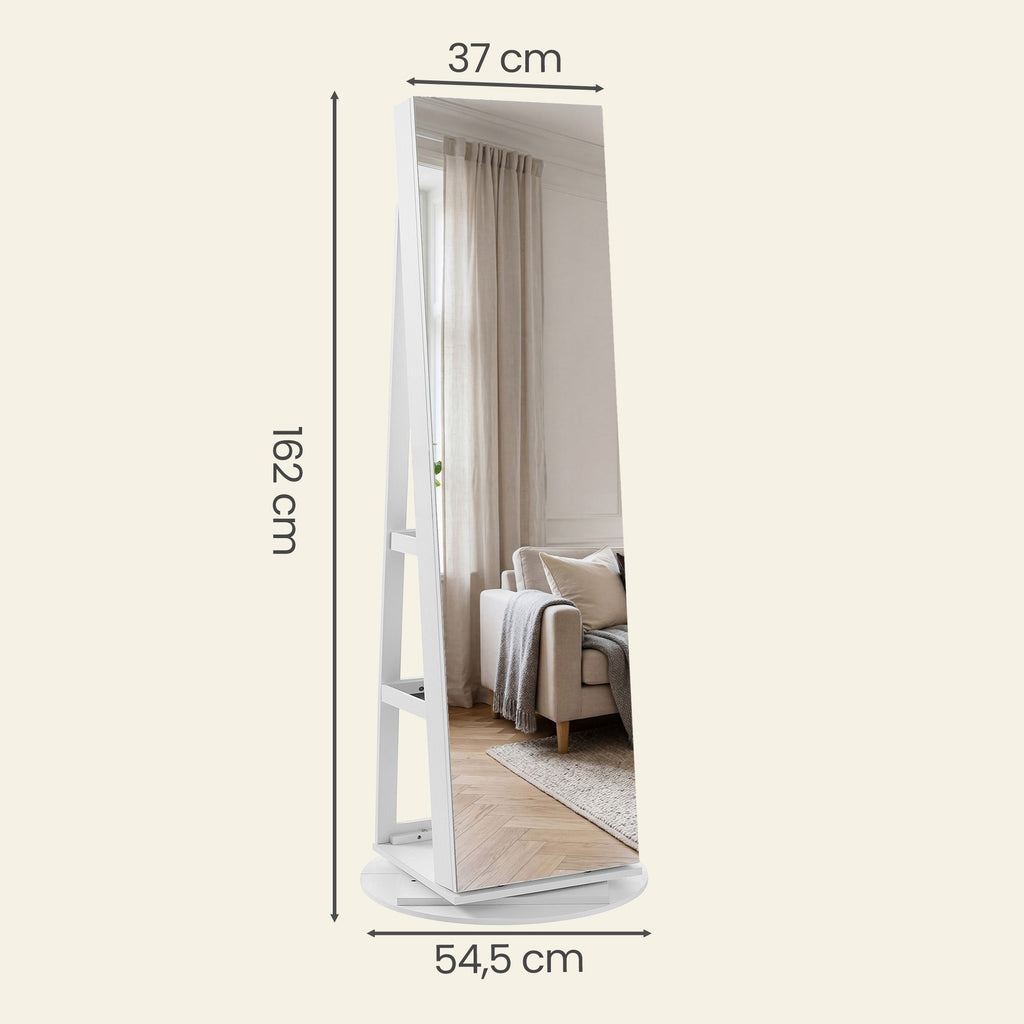 JOYFURNOS HOME Armoire à bijoux avec miroir pivotant à 360° et serrure, organisateur de bijoux, miroir sans cadre pleine longueur, 3 étagères de rangement, surface blanche, doublure noire