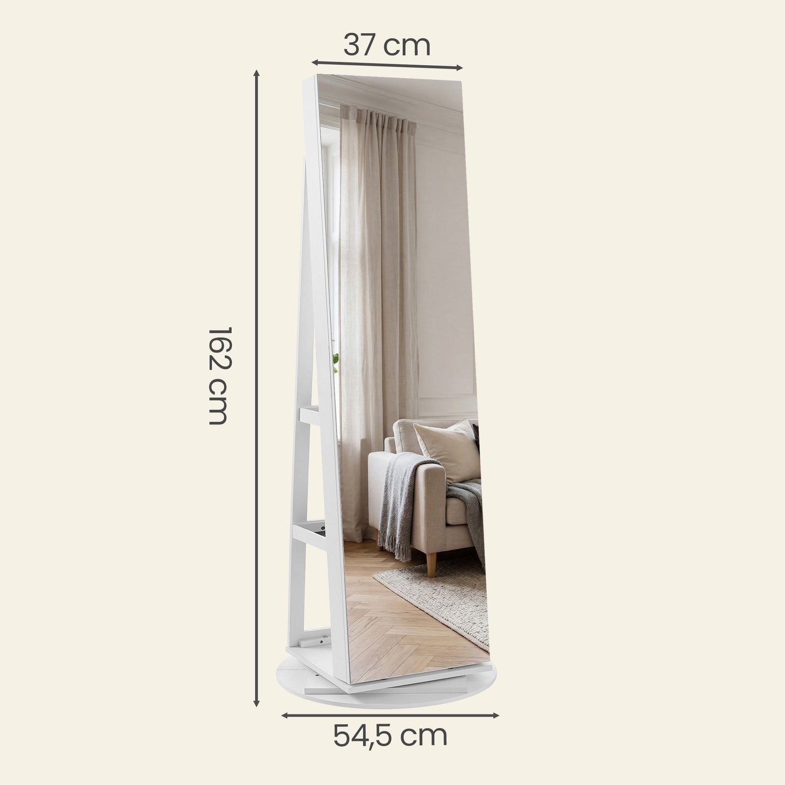 JOYFURNOS HOME Armoire à bijoux avec miroir pivotant à 360° et serrure, organisateur de bijoux, miroir sans cadre pleine longueur, 3 étagères de rangement, surface blanche, doublure noire