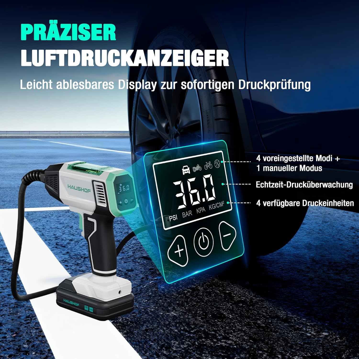 HAUSHOF Compresseur sans fil pour voitures Pompe à air portable avec batterie 2000 mAh 4 modes intelligents + mode manuel Affichage numérique Arrêt automatique pour pneus motos vélos ballons