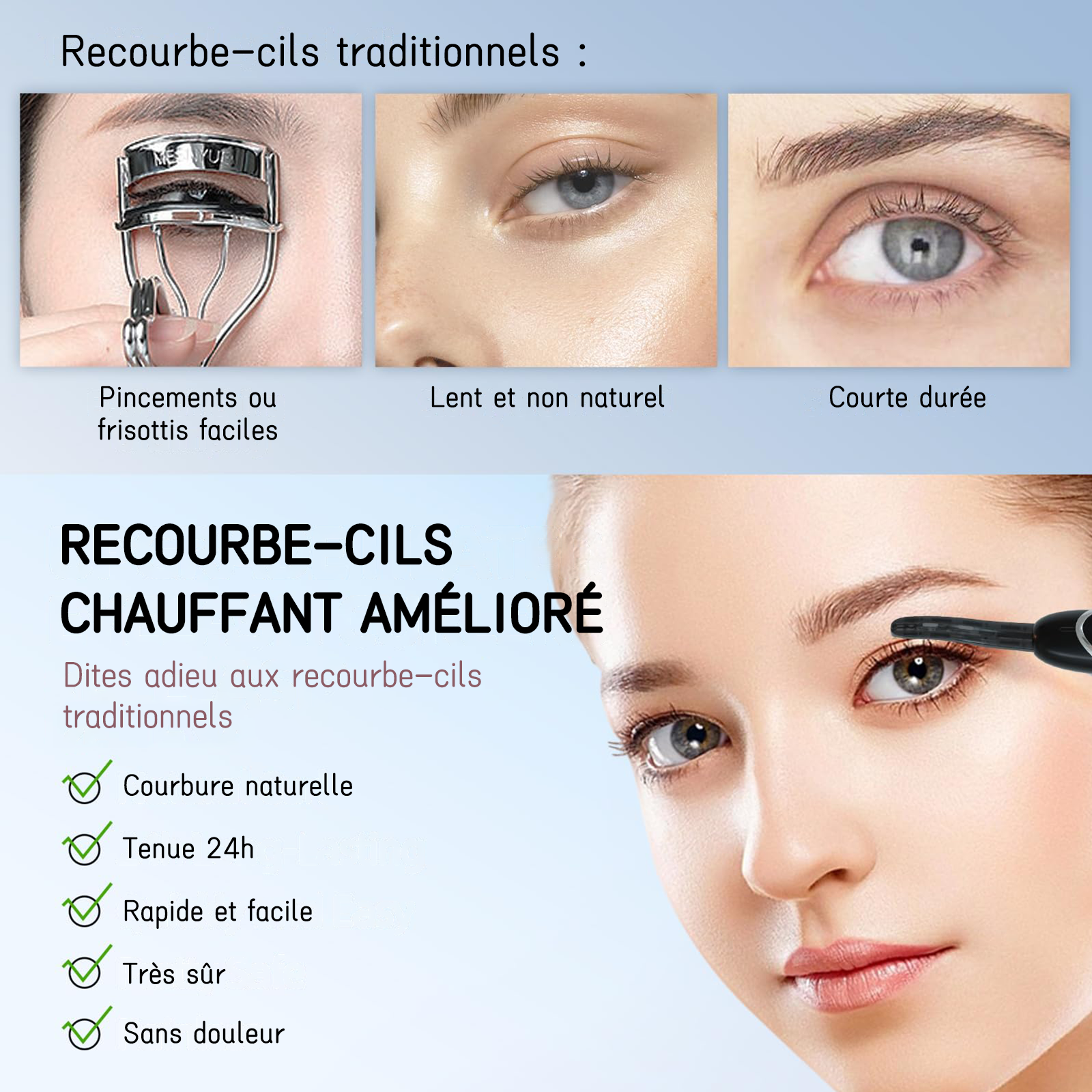 SUNLUXY S600 Recourbe-cils électrique pour courbure naturelle longue tenue, avec affichage LED de la température et de la batterie, arrêt automatique de sécurité - Noir