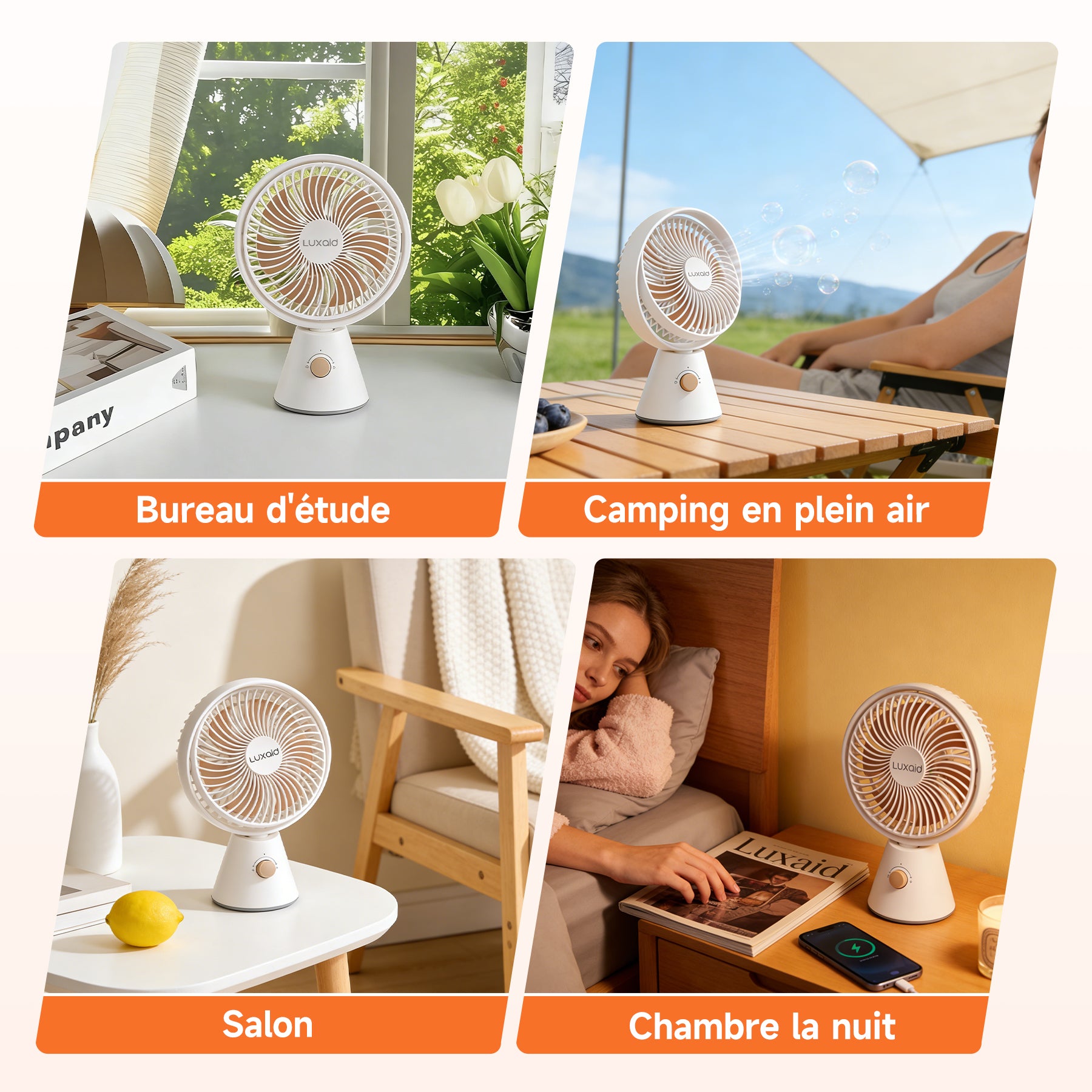 Luxaid Ventilateur de bureau portable, batterie 4000 mAh , oscillation manuelle verticale à 180° + oscillation automatique horizontale à 90°, 7 pales