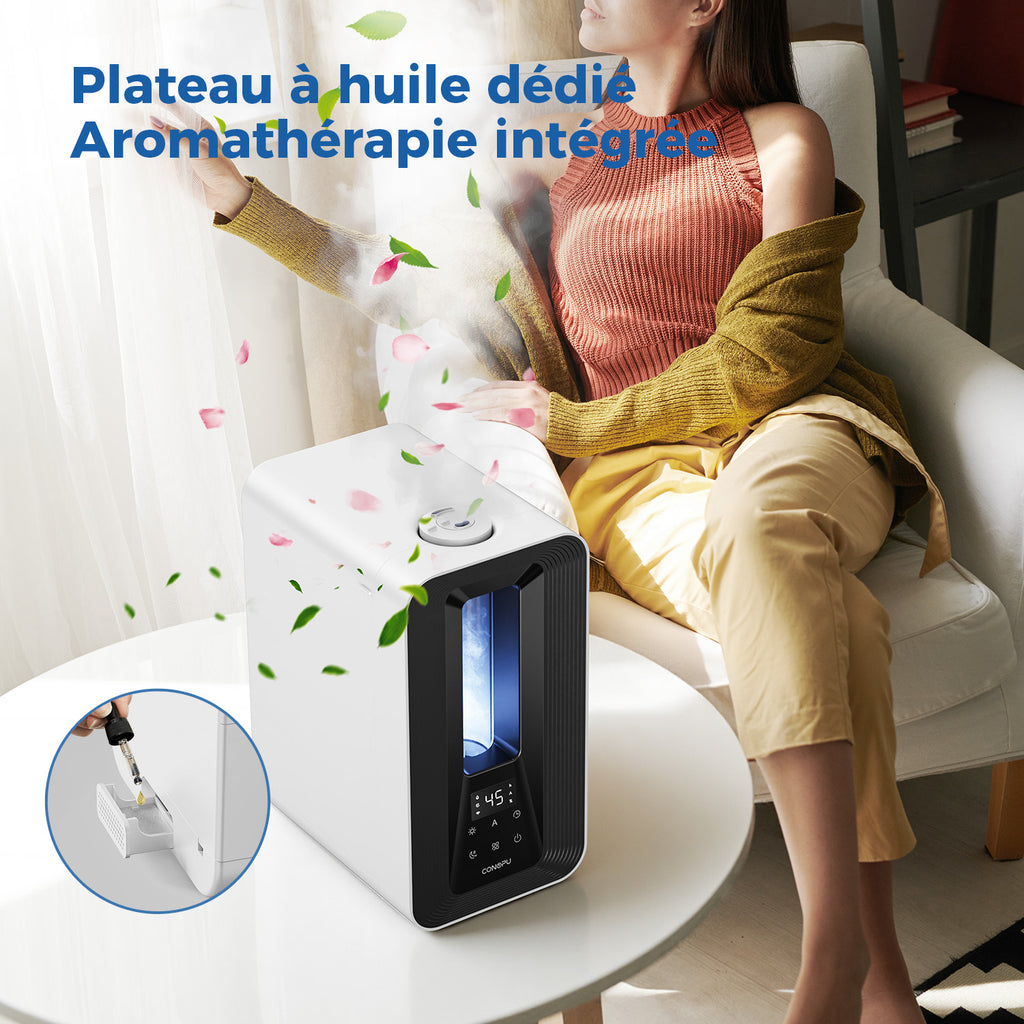 CONOPU Humidificateur à ultrasons 5 L pour chambre, Contrôle automatique intelligent de l'humidité, 2 buses à 360°, Mode sommeil silencieux, Diffuseur d'arômes, Éclairage LED, Minuterie 24 h