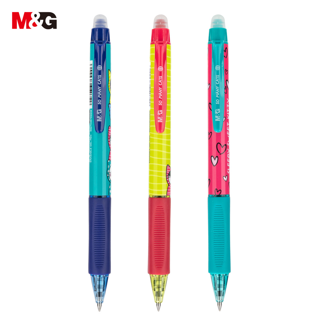 M&G So Many Cats Lot de 6 Stylos gel effaçables rétractables Encre bleu cristal Pointe fine 0,5 mm Motif chat Écriture fluide Grip confort École Bureau Agenda