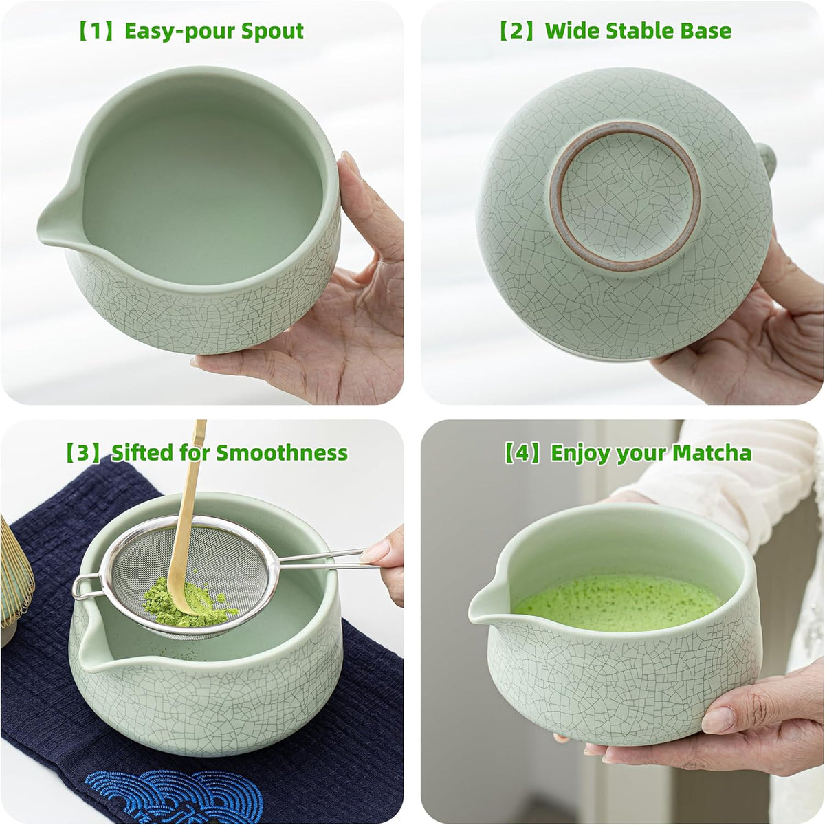 TEANAGOO Kit matcha de cérémonie avec fouet en bambou et porte-fouet, bol en céramique, cuillère en bambou et support, tamis et serviette - Vert clair pro