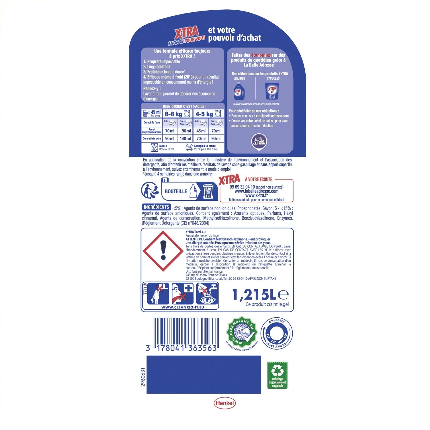 X-TRA Total 4+1 Lessive Liquide Tous Textiles 1 215 L (27 Lavages)