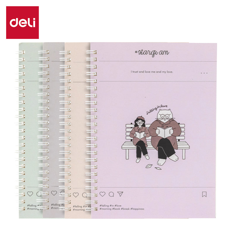 Deli Carnet à spirale, A5 (148 x 210 mm), 60 feuilles/120 pages, 70 g/m² - Parfait pour les étudiants, le bureau et le journaling, Série Meow Time, Lot de 4