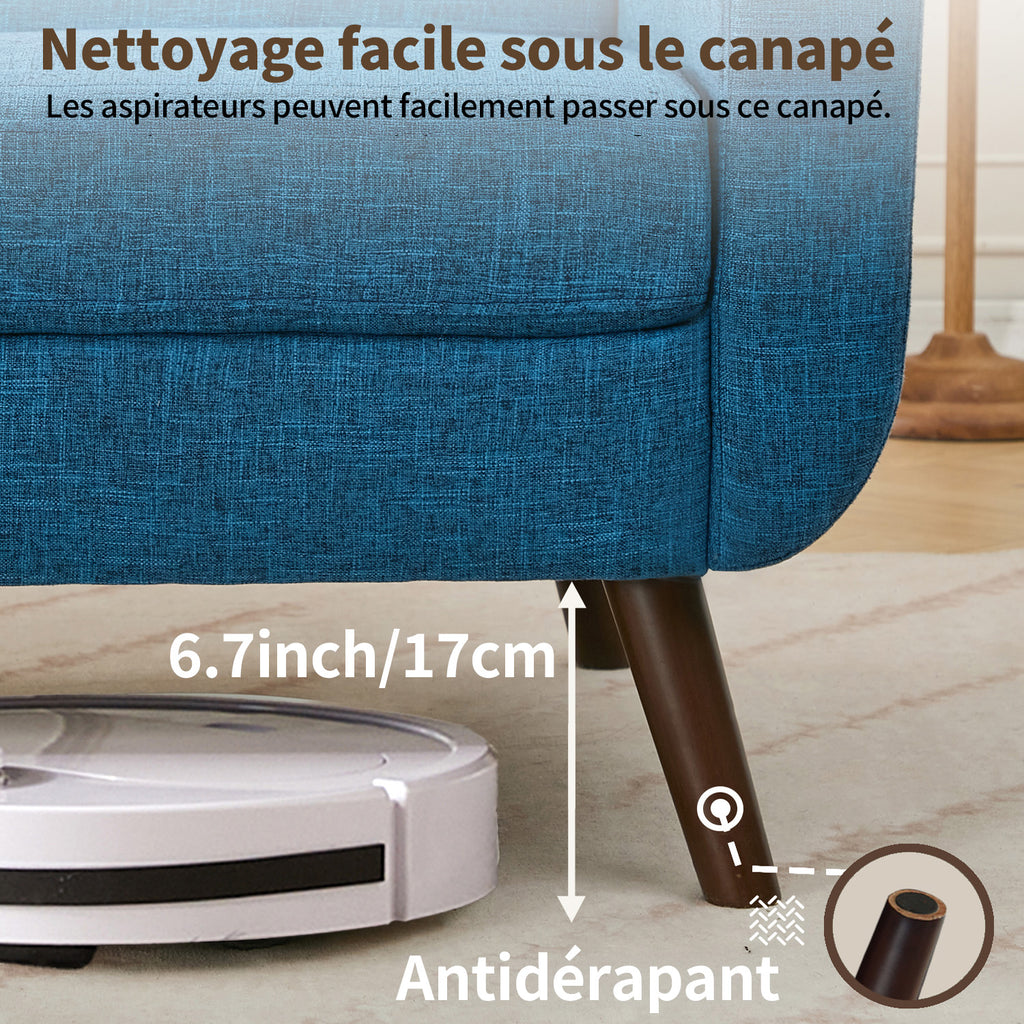 HONEYOU Canapé 165 cm, Canapés de coin pour décoration moderne du milieu du siècle pour salon, petit canapé capitonné à boutons pour chambre, meuble de coin solide et facile à installer, bleu