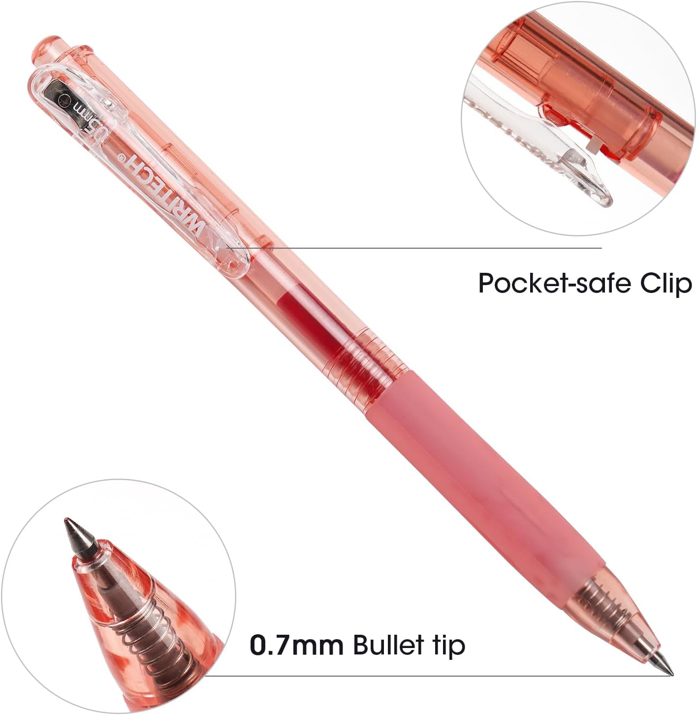 WRITECH Stylos à encre gel rétractables Pointe moyenne 0,7 mm Encre rouge Pour journalisation Écriture fluide Pointe fine Encre à séchage rapide Sans bavure Lot de 10