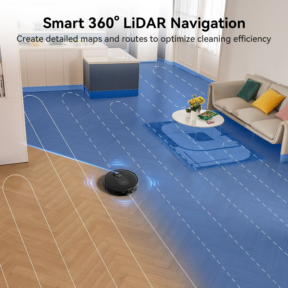 Aspirateur robot Q8-Max avec serpillière et station de vidage automatique, aspiration 8000 Pa, cartographie de la maison par navigation LiDAR, autonomie 200 min, auto-rechargement, nettoyage personnalisé via application Wi-Fi pour sols, tapis et chev