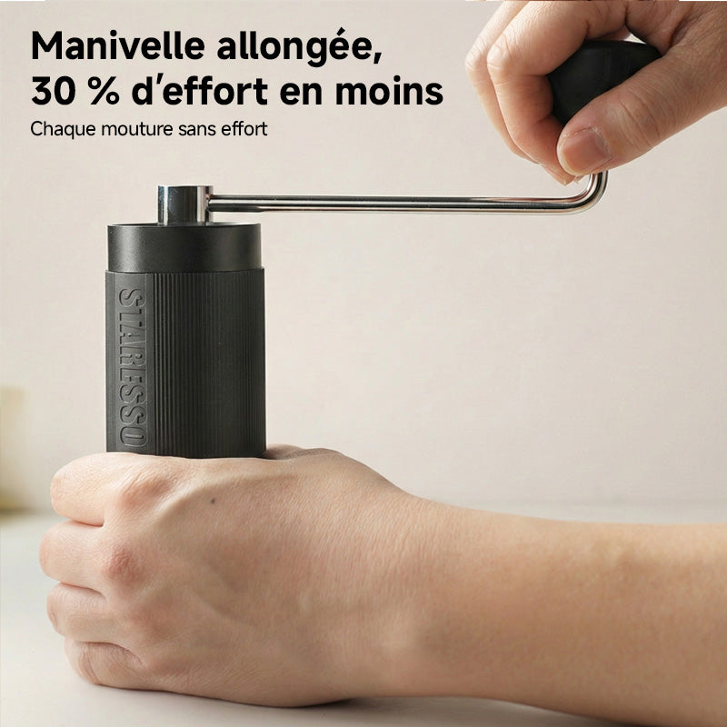 STARESSO Moulin à café manuel capacité 20 g avec meule conique en acier inoxydable usinée CNC - réglage interne ajustable, positionnement par double roulement, pour café à piston