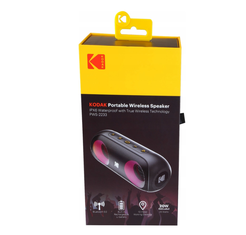 Kodak Enceinte portable sans fil 2 x 10 W IPX6 - Batterie rechargeable : 7,4 V/2000 mAh