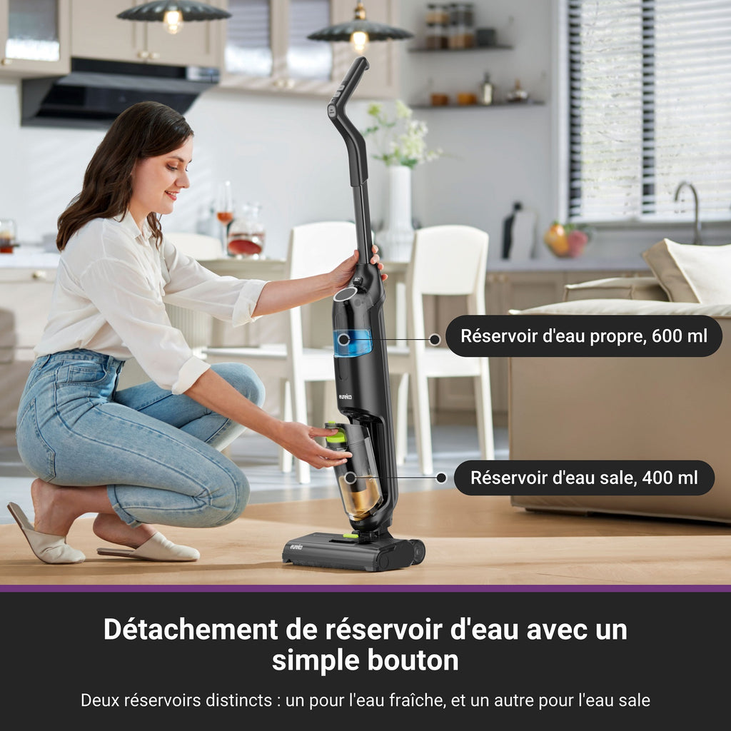 Eureka Aspirateur laveur sans fil eau et poussière, aspirateur laveur avec système autonettoyant, aspirateur léger pour parquets, animaux de compagnie et saletés collantes, Noir, NEW400