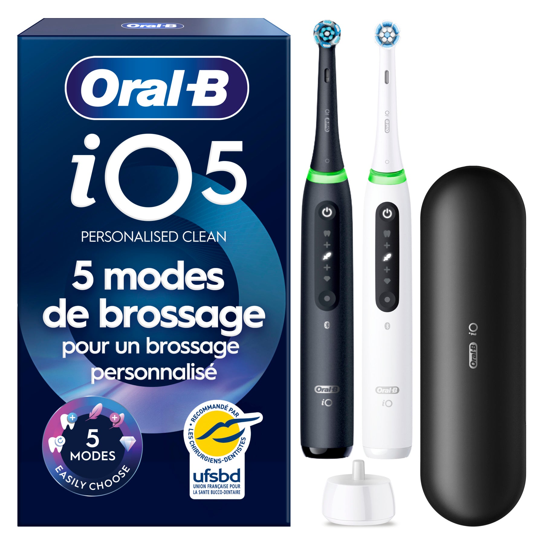 Oral-B iO 5 Lot de 2 brosses à dents électriques noir et blanc, 2 têtes de brosse