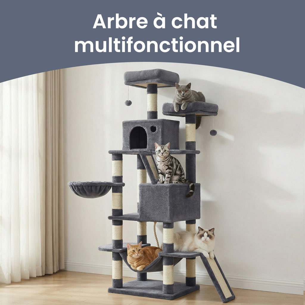 JOYFURNOS Arbre à chat, grande tour pour chat de 168 cm avec 13 poteaux à griffer, 1 rampe à griffer, 2 perchoirs, 2 niches, panier, hamac, pompons, gris fumé