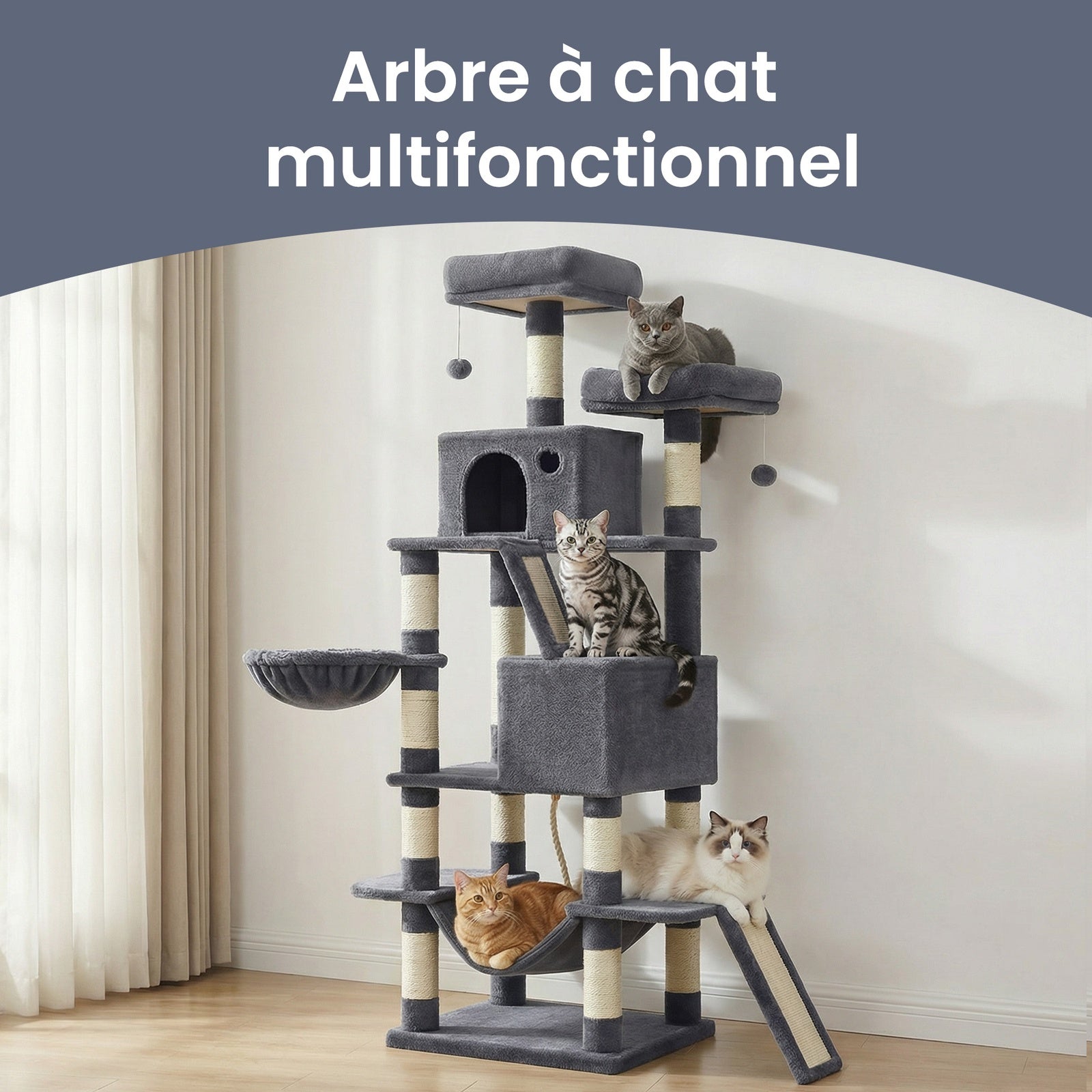 JOYFURNOS Arbre à chat, grande tour pour chat de 168 cm avec 13 poteaux à griffer, 1 rampe à griffer, 2 perchoirs, 2 niches, panier, hamac, pompons, gris fumé