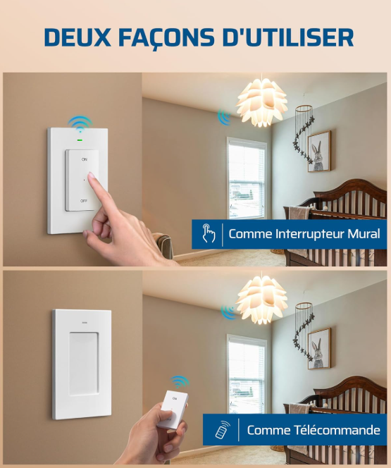 DEWENWILS Ensemble d'interrupteurs d'éclairage sans fil, Magnétique amovible, 230 V, Portée 30 m, Aucun câblage requis