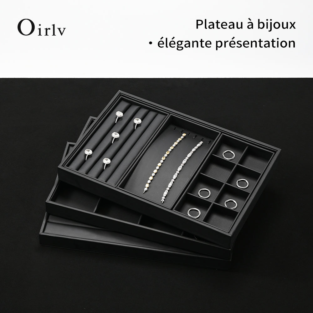 Oirlv Plateau de présentation en cuir PU, organisateur de bijoux noir, présentoir pour bagues, boucles d'oreilles, colliers et bracelets, accessoires de présentation et de rangement