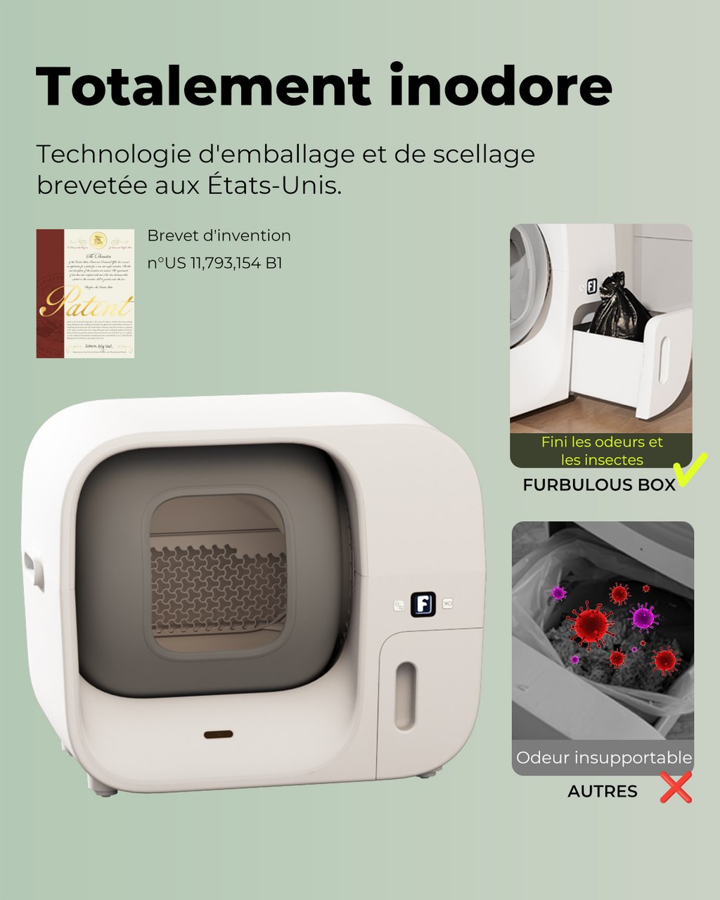 Furbulous Première Litière Automatique pour Chat au Monde avec Scellage Automatique et Sacs, Pack d'Essai de 60 Jours, Sécurité Certifiée TÜV Allemagne, Remplissage Automatique de Sacs Poubelle, Contrôle Intelligent par Application, pour Foyers Multi