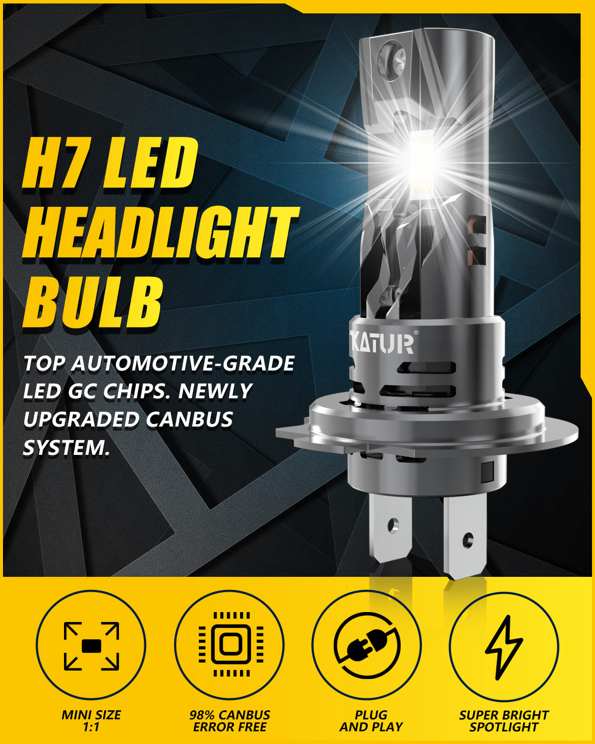 KATUR H7 Lot de 2 ampoules LED pour phare avec 100 W, 30 000 lm, 6000K blanc xénon, format mini 1:1 et Plug & Play