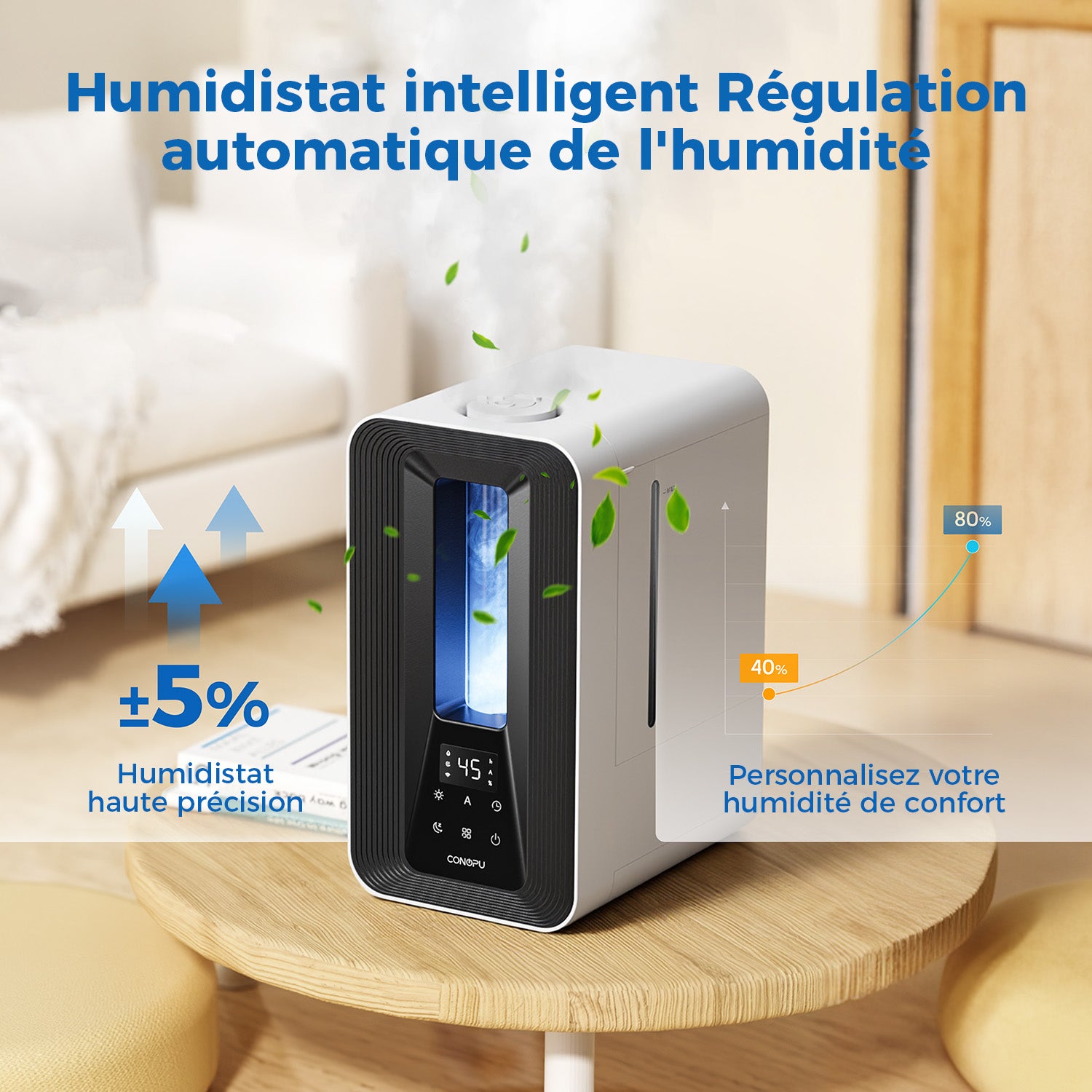 CONOPU Humidificateur à ultrasons 5 L pour chambre, Contrôle automatique intelligent de l'humidité, 2 buses à 360°, Mode sommeil silencieux, Diffuseur d'arômes, Éclairage LED, Minuterie 24 h