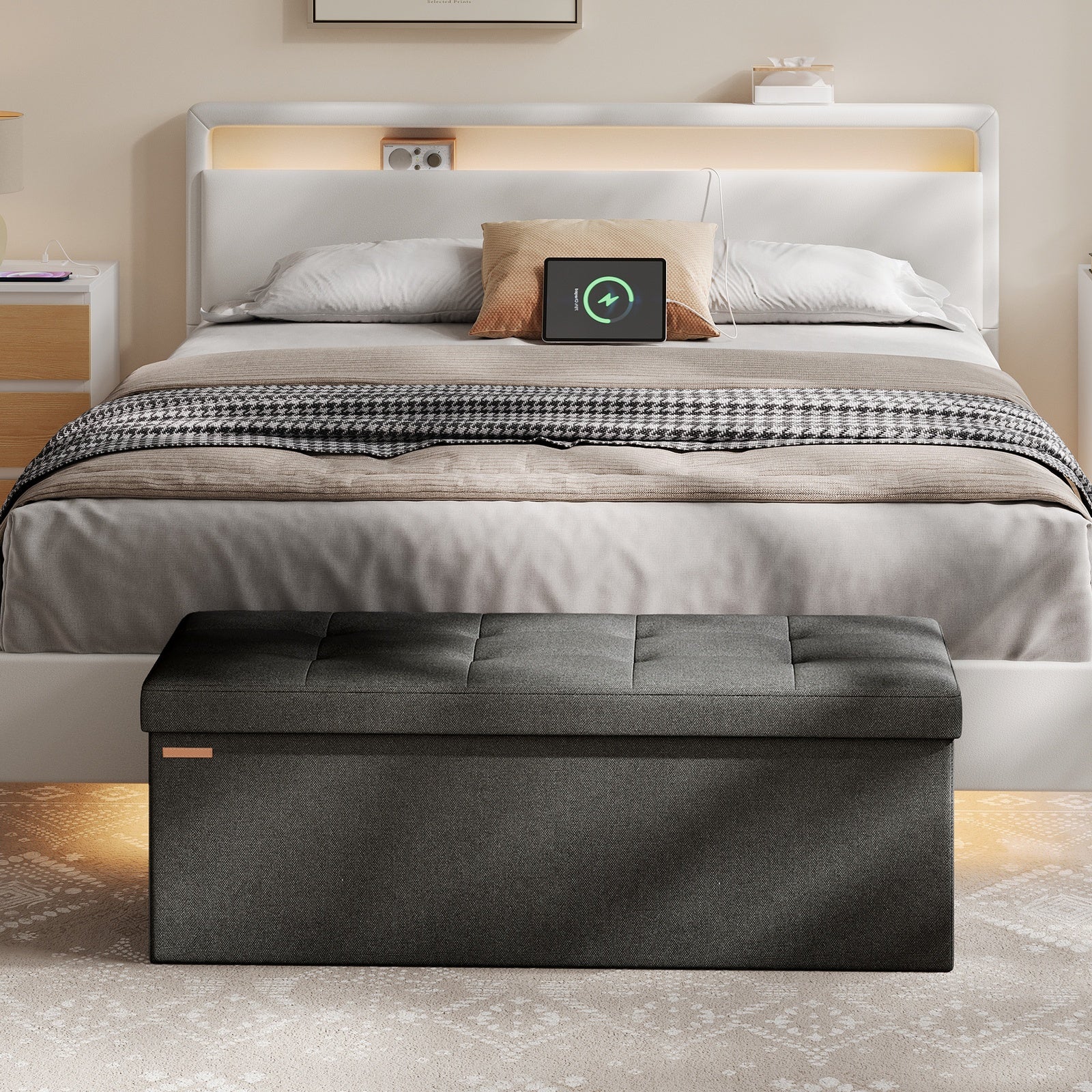 JOYFURNOS Banc de rangement, 38 x 110 x 38 cm, pouf coffre, banc de lit, pour salon, chambre à coucher, entrée, noir