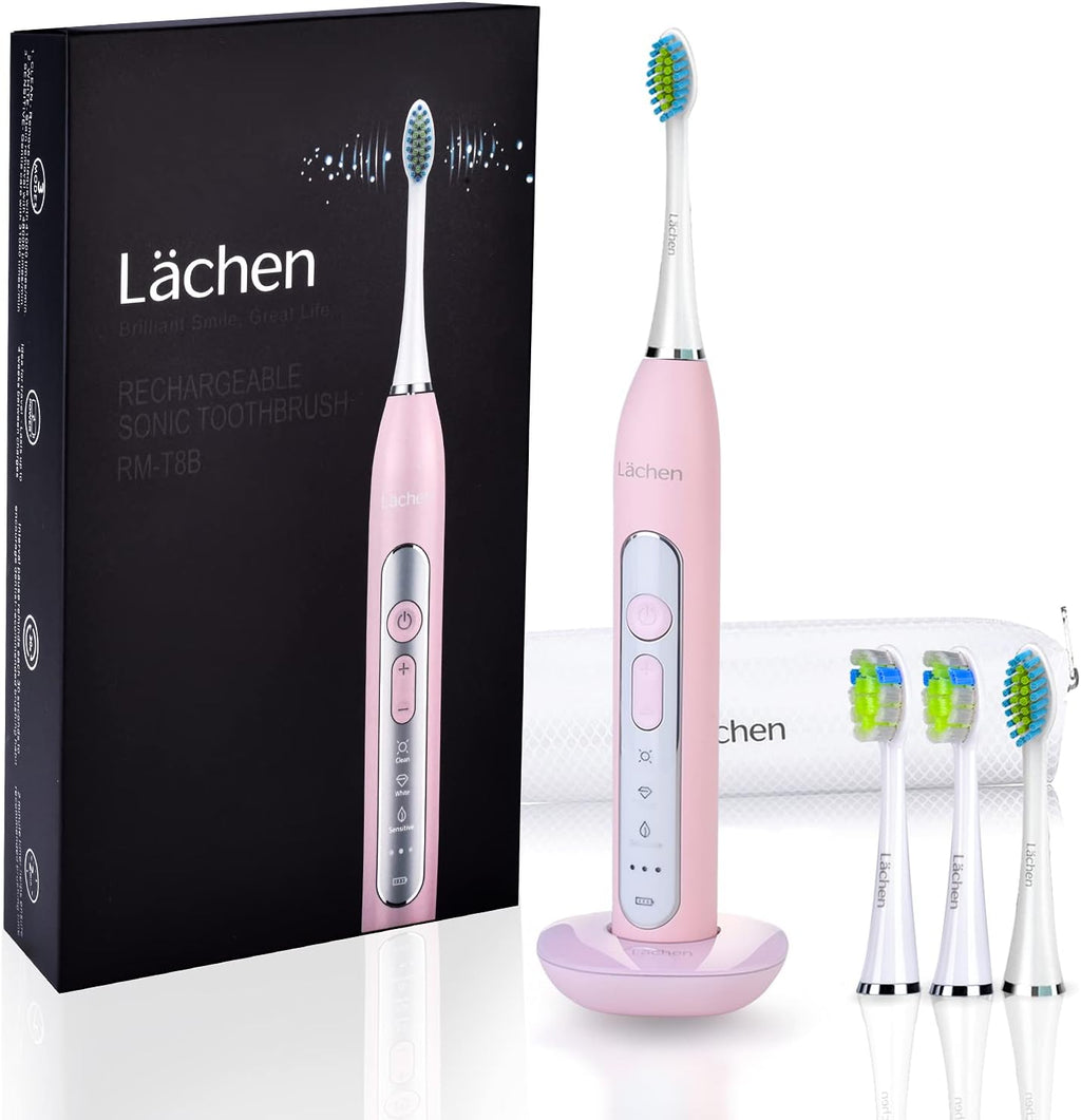 Lächen Brosse à dents électrique sonique pour adultes – Rechargeable, avec étui et 6 têtes de brosse – Idéale pour les voyages et l'usage familial – Recharge sans fil, 5 modes, 48 000 VPM - Rose