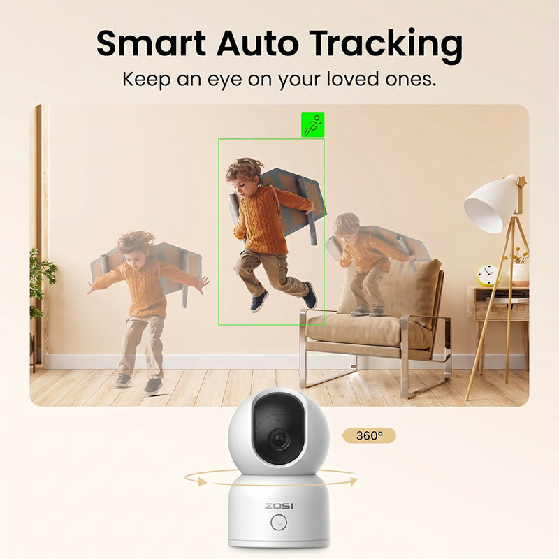ZOSI Caméra de sécurité intérieure Wi‑Fi 4 MP, caméra pour animaux/babyphone, suivi automatique des personnes et des animaux, surveillance 360° avec application, audio bidirectionnel