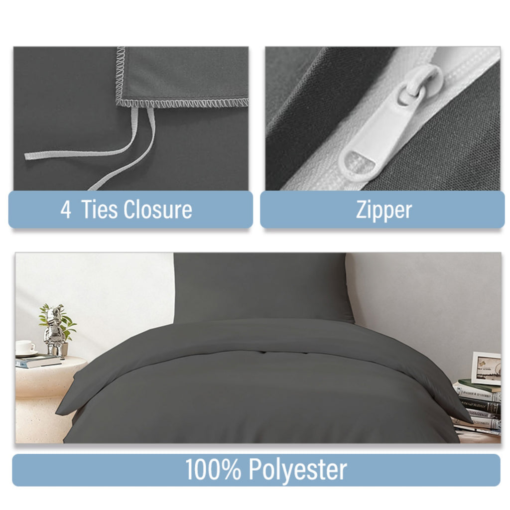 LEBONSOIR Parure de housse de couette Gris foncé, 155 x 220 cm/80 x 80 cm x 2, Parure de lit douce doublement brossée, Avec fermeture éclair, 3 pièces, Comprend 1 housse de couette et 2 taies d’oreiller, Sans couette