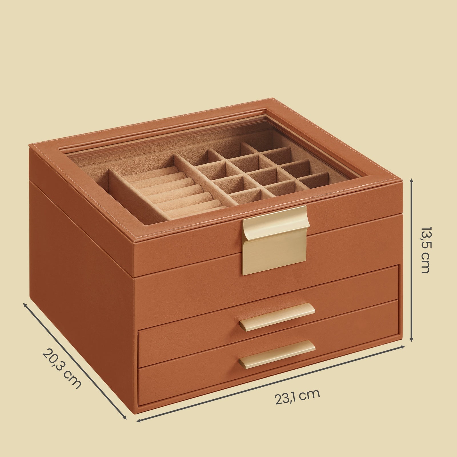JOYFURNOS Boîte à Bijoux avec Couvercle en Verre, à 3 Niveaux, 2 Tiroirs, Marron et Doré