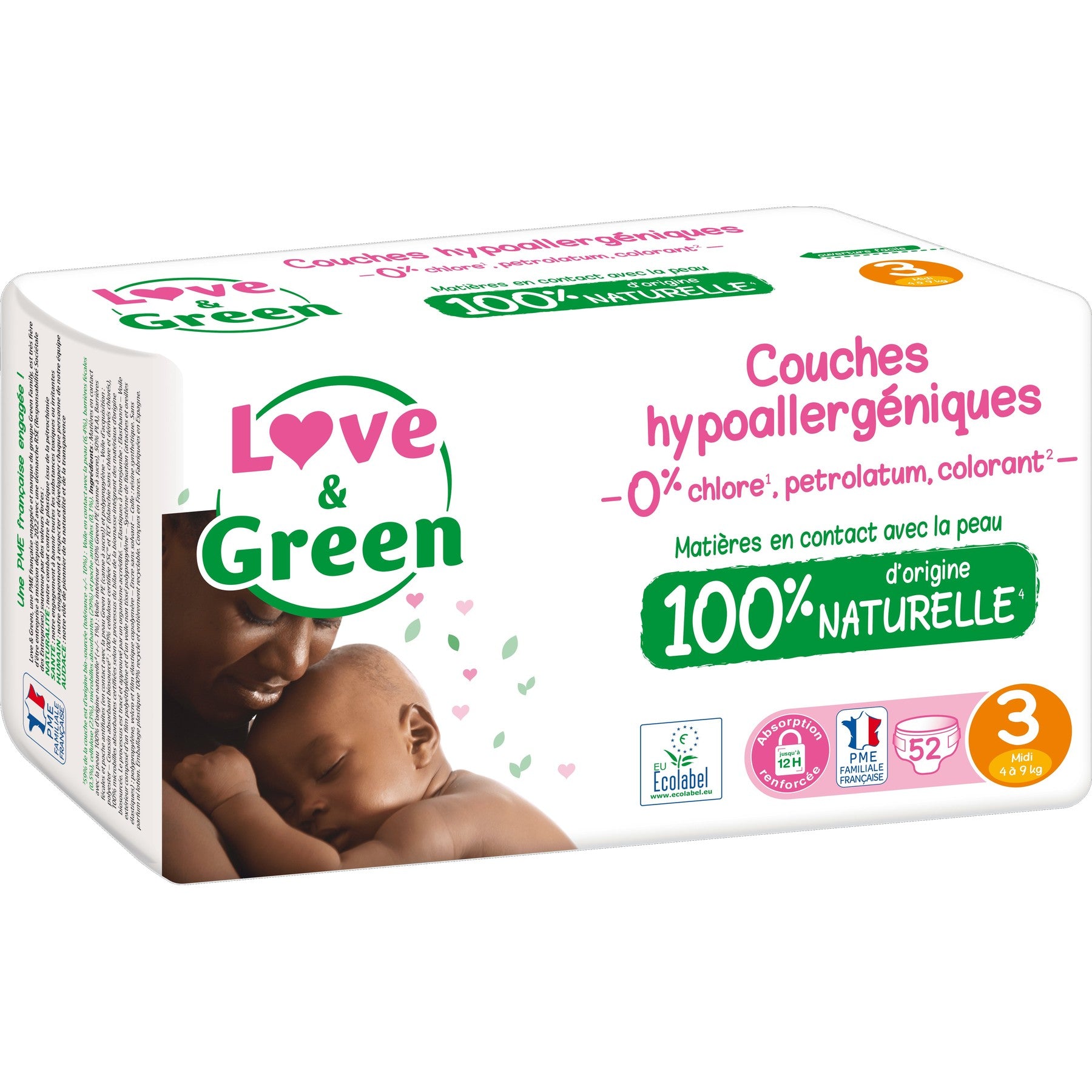 LOVE & GREEN Couches Bébé Écologiques Hypoallergéniques Taille 3 4-9kg - 52 couches