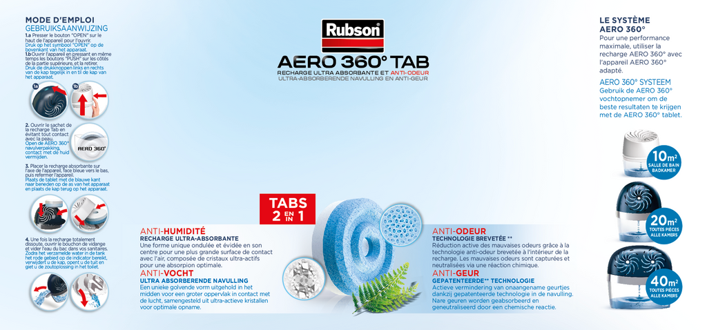 Rubson – AERO 360° Recharges en tabs parfum lavande relaxante, recharges pour absorbeur d'humidité, ultra absorbantes et anti odeurs, 4 x 450 g