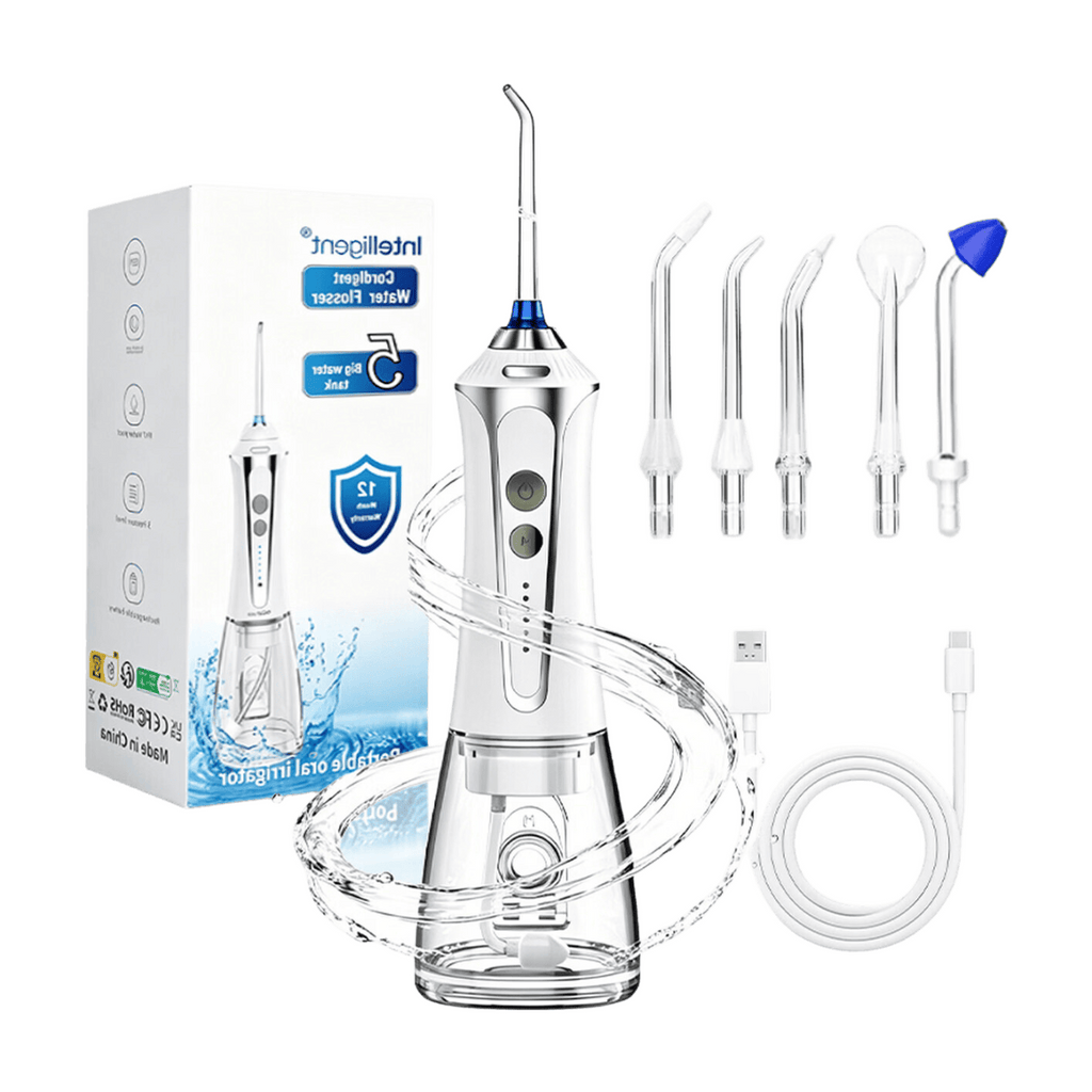 H2ofloss HF-2 Brosse à dents électrique, avec 5 modes, 5 embouts, rechargeable par USB, étanchéité IPX7 et un réservoir d'eau de 300 ml, disponible en blanc