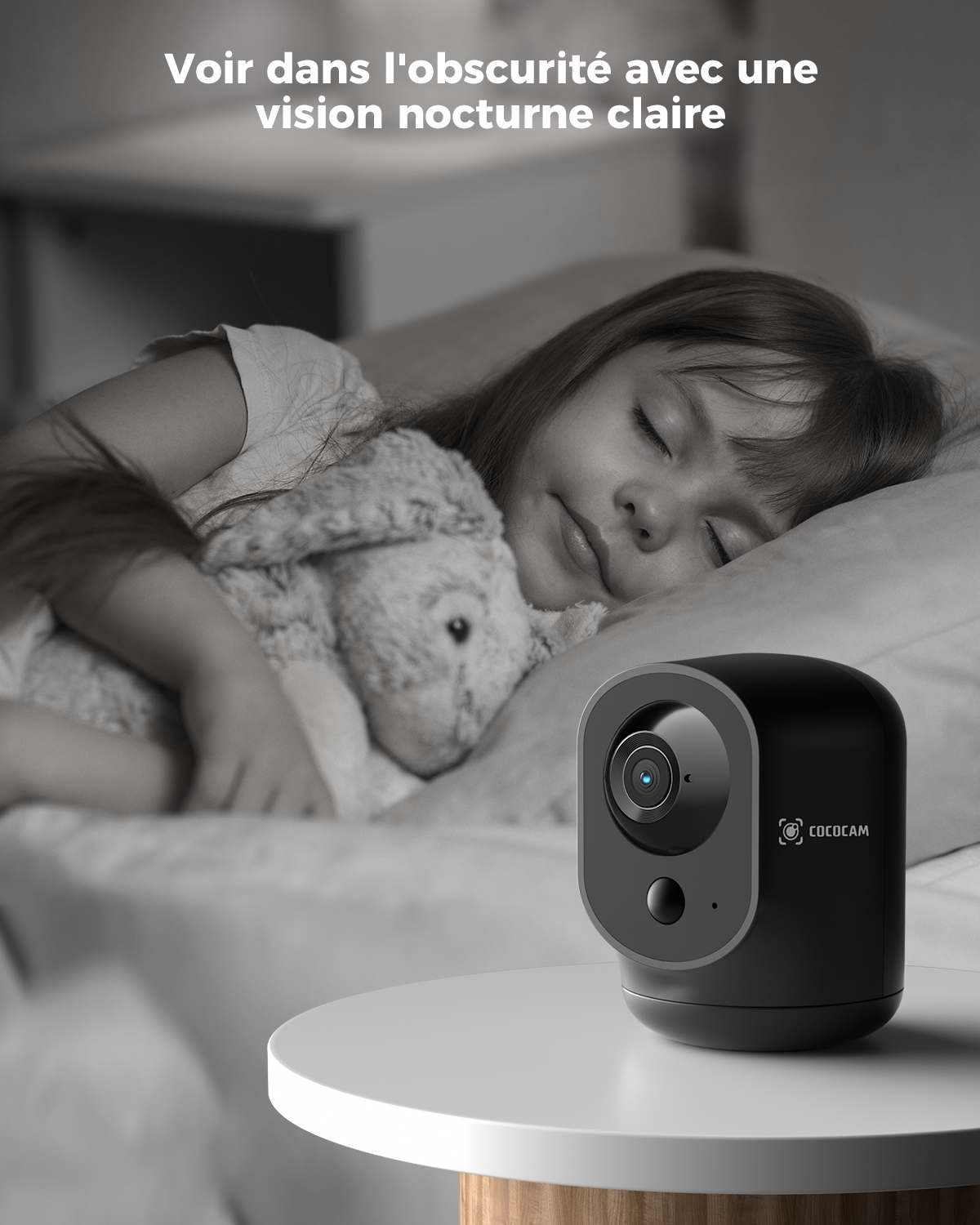 COCOCAM Caméra de sécurité intérieure 2K pivotante/inclinable, batterie 5200 mAh, WiFi sans fil, détection IA et PIR, 2,4 GHz, Noir