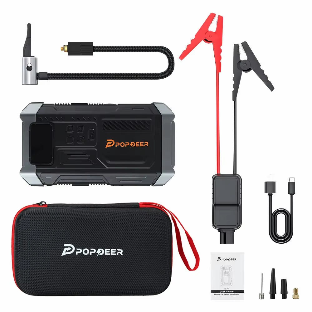 POPDEER PD-JA3 5000A Booster de démarrage 4-en-1, Compresseur d'air 150PSI, Batterie externe 12V QC 3.0 avec écran LCD, 10L Essence/8L Diesel