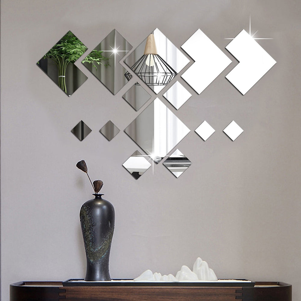 WhereHike Lot de 16 autocollants miroir en PVC, Autocollants miroir losanges emboîtables, Miroirs argentés multi-pièces