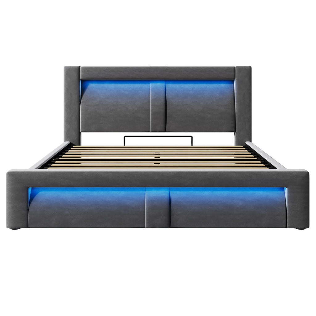 URBAN MEUBLE Lit double 140x200 cm en velours avec rangement, mécanisme de levage hydraulique, éclairage LED, ports USB et Type-C, tête de lit incurvée, gris, sans matelas