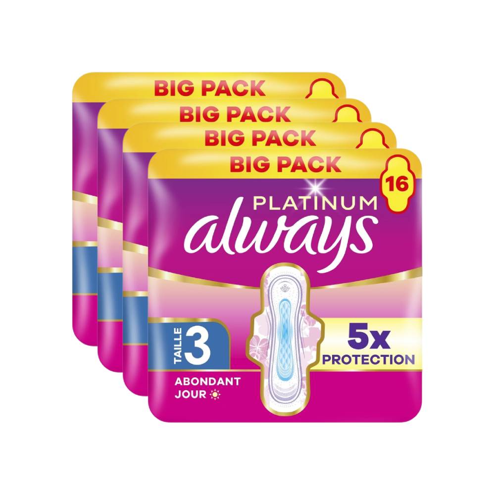Always Platinum Day Serviettes Hygiéniques Avec Ailettes Flux Abondant Taille 3 - 64 Unités (4 Paquets de 16)