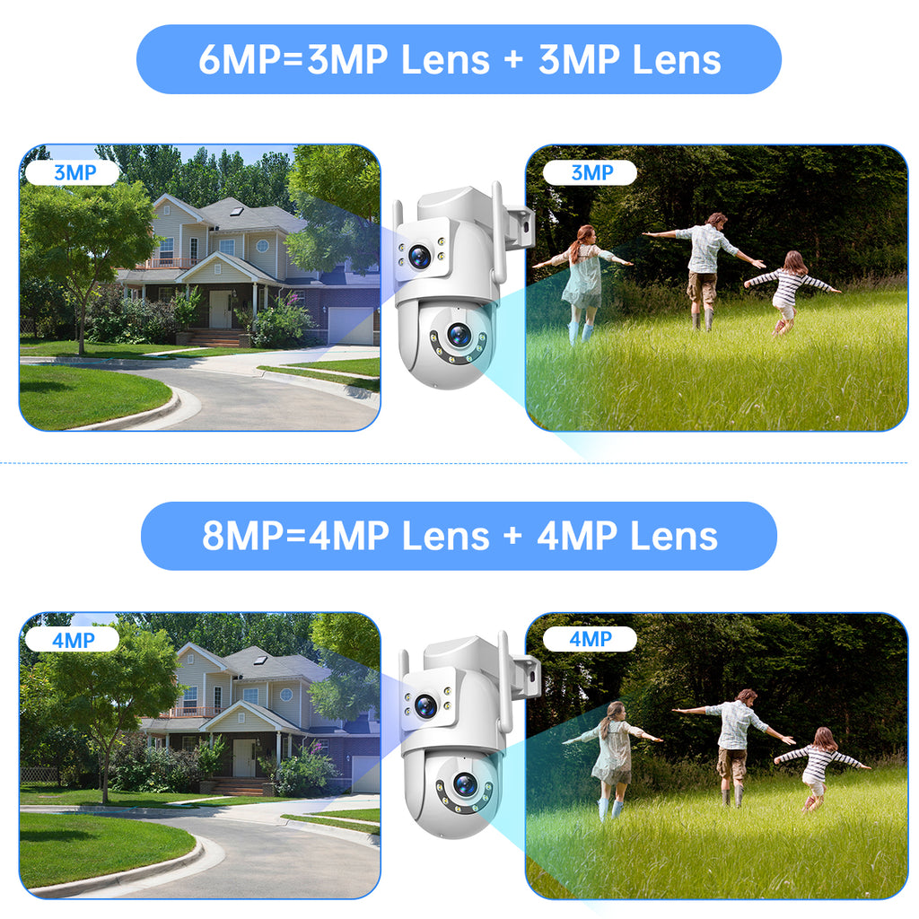 JOOAN Caméra de sécurité extérieure HD 2K à double objectif, Double Wi-Fi 5 GHz 2,4 GHz filaire, Rotation PTZ, Audio bidirectionnel, Alarme sonore et lumineuse, Suivi automatique
