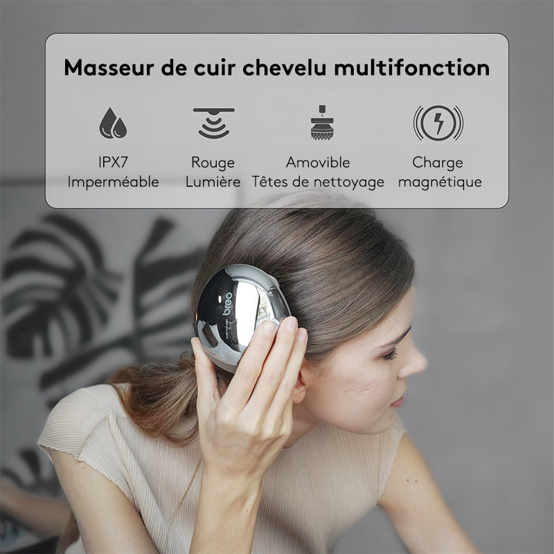 Breo Scalp Mini Masseur de cuir chevelu portable IPX7 étanche et rechargeable, avec base de charge en bambou et nodules de massage amovibles - Argent
