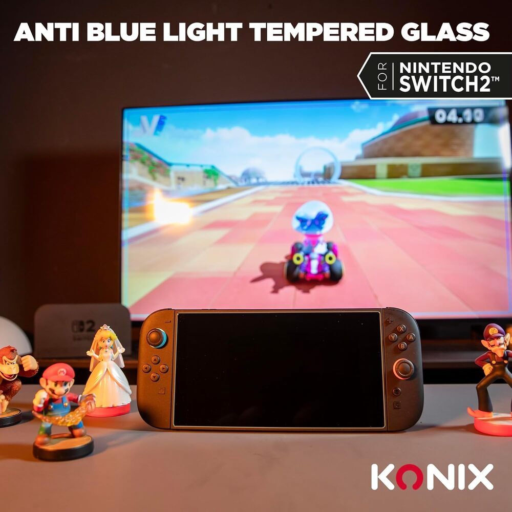 KONIX Protection d'écran en verre trempé pour Nintendo Switch 2 – Filtre anti-lumière bleue – Installation sans bulles – Dureté 9H – 100 % transparent