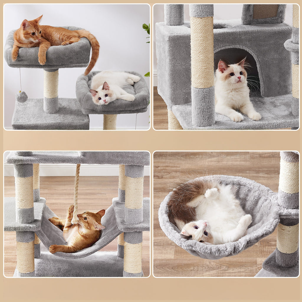 JOYFURNOS Arbre à chat, grande tour pour chat de 168 cm avec 13 poteaux à griffer, 1 rampe à griffer, 2 perchoirs, 2 niches, panier, hamac, pompons, gris clair