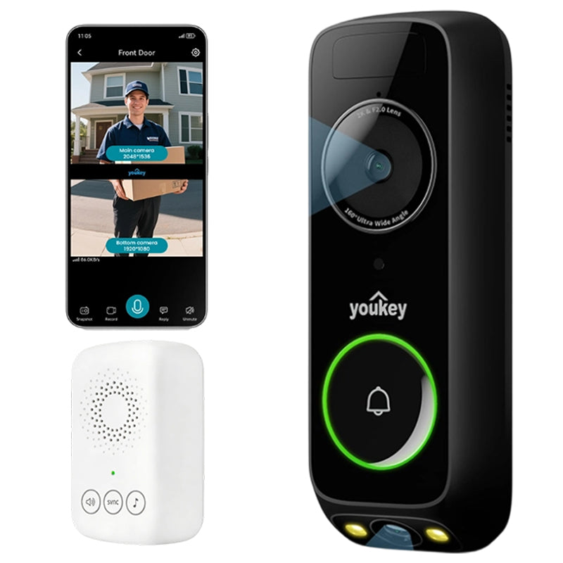 UNIVIEW youkey DB312 Caméra de Sonnette Vidéo Sans Fil Double Caméra avec Sonnerie - 2K Vision Nocturne en Couleur - Batterie 6400 mAh - Wi‑Fi 6 2,4/5 GHz - Détection Radar + PIR