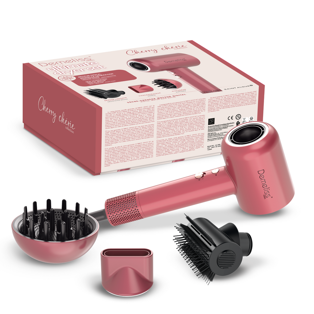 Demeliss Sèche-cheveux - Kit de sèche-cheveux ultime - Diffuseur magnétique - 1600 W - Cherry Chérie