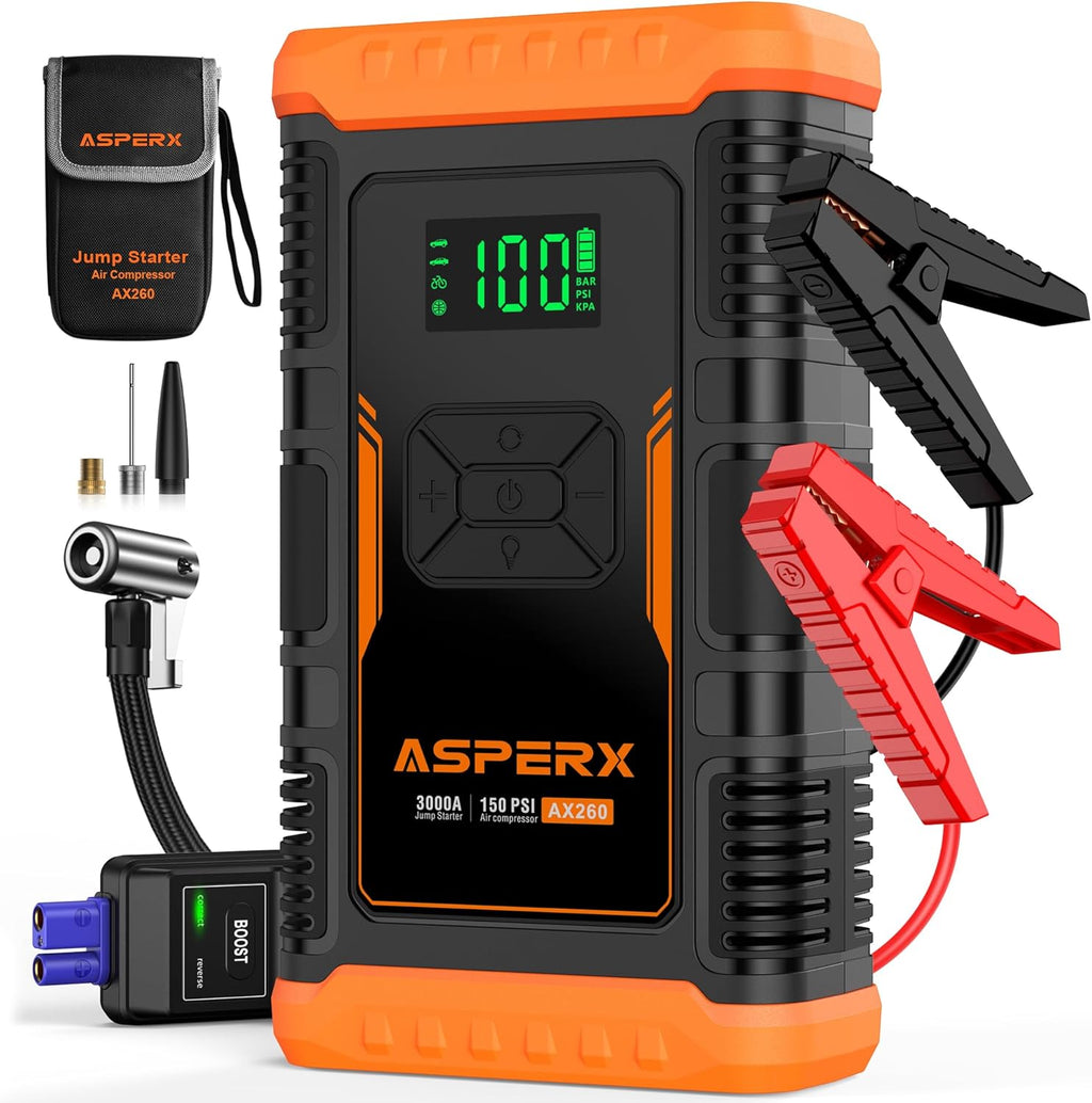 ASPERX Booster de Batterie avec Compresseur d’Air, Démarreur de Voiture 3000A 150PSI avec Lampe Torche LED et Câbles de Démarrage, pour Véhicules 12V, Motos et SUV (jusqu’à 10L Essence ou 8L Diesel)